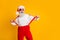 Cool funky santa claus party hard christmas celebration enjoy x-mas newyear time pull suspenders pants shirt isolated