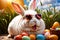 Cool funny modern Easter bunny rabbit, holiday mascot wearing sunglasses