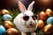 Cool funny modern Easter bunny rabbit, holiday mascot wearing sunglasses