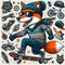 cool gangster fox flip jump skateboard anthropomorphic funny character poster in wintertime