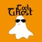 Cool ghost halloween text, with cute ghost with sunglasses, on orange color backgound