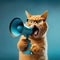 Cool Ginger Cat holding and screaming into loudspeaker on blue background. Business management. Attention