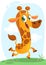 Cool giraffe running. Cartoon vector illustration of excited giraffe running over a simple savanna background.