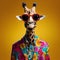 The Cool giraffe wearing suit clothes and glasses, Fashionable animals. Generative Ai.