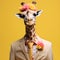 The Cool giraffe wearing suit clothes and glasses, Fashionable animals. Generative Ai.