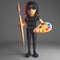 Cool goth girl in leather catsuit holding a palette and paint brush, 3d illustration