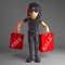 Cool gothic girl in leather catsuit carrying sale shopping bags, 3d illustration