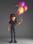 Cool gothic girl in leather catsuit has lots of coloured balloons, 3d illustration