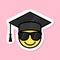 cool graduate, smiling face with sunglasses wearing graduation hat, cute smile sticker, groovy aesthetic vector design