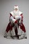 Cool gray haired with long beard Santa Claus in red clothes posing on gray studio background