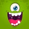 Cool green monster face with one eye. Cartoon vector illustration. Big set of monster faces