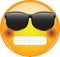 Cool grinning and blushing emoji. Awesome looking yellow face emoticon wearing shades with broad grin and flushed cheeks.