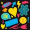 Cool groovy hand drawn funky elements set. Hand drawn funny stickers, different bright design elements - hearts, speech