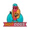 Cool guy hot dog in city with coffee paper cup character line colorful vector illustration. logo template design