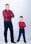 Cool guys. Father little son red shirts family look outfit. Best friends forever. Happiness being father of boy. Dad and
