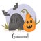 Cool Halloween card. Cute pumpkin lantern jack, grave headstone with bats. Vector illustration in cartoon style. Creepy