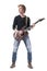 Cool handsome confident young rock music guitarist playing electric guitar looking up