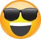 Cool happy grin yellow emoji. Smiling yellow face emoticon wearing sunglasses and having wide open smile on its face. Expression