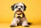 Cool Havanese posing in the photo studio in front of the yellow background.