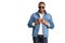 Cool hip modern and stylish, fashionable commercial male african american model, sunglasses and jean jacket