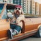 cool hispanic gangster labradoodle dog drive ride lowrider retro car anthropomorphic funny character