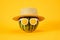 Cool image of watermelon with sunglasses and hat isolated on a yellow background