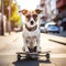 Cool Jack russell terrier dog sitting on a skateboard as skater wearing sunglasses. Dog on skateboard in sunglasses in the city
