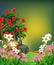 Cool Landscape Forest View With Ivy Flower, Rocks, And Grass Hill Cartoon