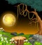 Cool Landscape Grass Field Night View with Moonlight, Grass Field Hill, And Red Rose Flower Cartoon