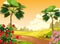 Cool Landscape View With Trees And Flower Cartoon