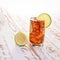 Cool lemon tea Drink With Lemon and Ice cube on wooden table.