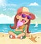 Cool little girl in sunglasses eats ice cream on the beach