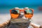 Cool lizard with orange sunglasses at beach