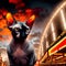 Cool looking black Sphynx cat at a fun fair with bright lights at night