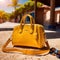 Cool luxury summer vacation, shown with yellow leather bag and sunglasses