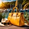 Cool luxury summer vacation, shown with yellow leather bag and sunglasses