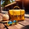 Cool luxury summer vacation, shown with yellow leather bag and sunglasses