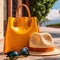 Cool luxury summer vacation, shown with yellow leather bag and sunglasses