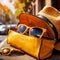 Cool luxury summer vacation, shown with yellow leather bag and sunglasses