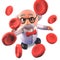 Cool mad scientist professor character studying up close blood cells plasma, 3d illustration