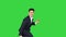 Cool man in suit does crazy dancing with American flag on a Green Screen, Chroma Key.
