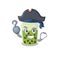 Cool matcha bubble tea in one hand Pirate cartoon design style with hat