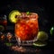 Cool mexican michelada made with blend of beer, lime juice, tomato juice, hot sauce, and spices. AI generated