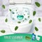 Cool mint fragrance toilet cleaner gel ads. Vector realistic Illustration with top view of toilet bowl and disinfectant container.