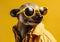 Cool mongoose in sunglasses posing in front of a yellow background.