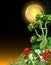 Cool Night View With Full Moon And Tropical Plant Flower Cartoon