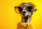 Cool ostrich in sunglasses posing in front of a yellow background.