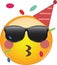 Cool party emoji celebrating birthday! Yellow face emoticon wearing shades and a party hat, kissing lips or whistling as confetti