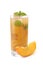 Cool peach juice with ice cubes and sliced peach