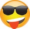 Cool playful yellow emoji with tongue sticking out and sunglasses. Cool face emoticon wearing sunglasses, with a big smile and